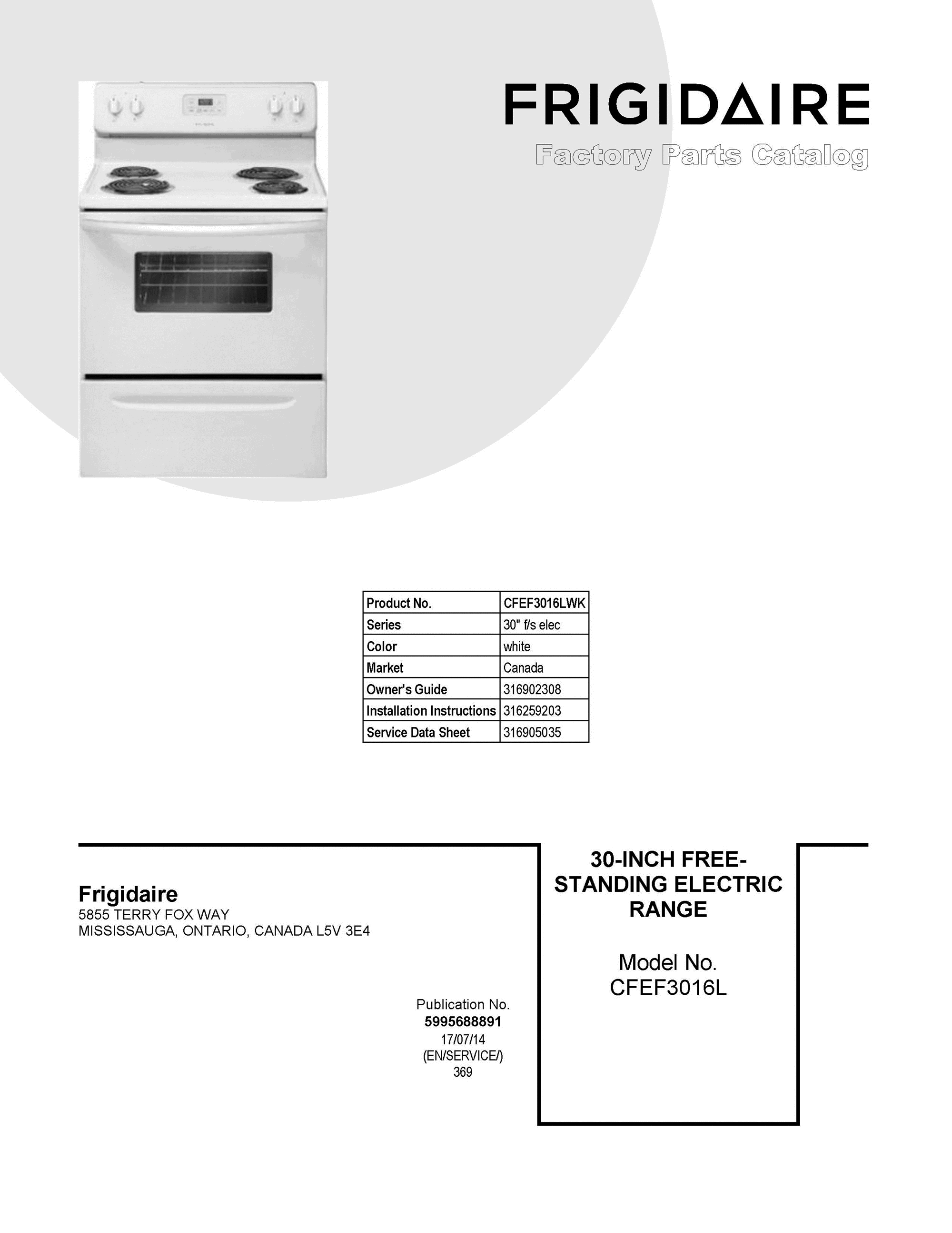 01 - COVER SHEET Diagram and Parts List for CFEF3016LWK  Frigidaire Range