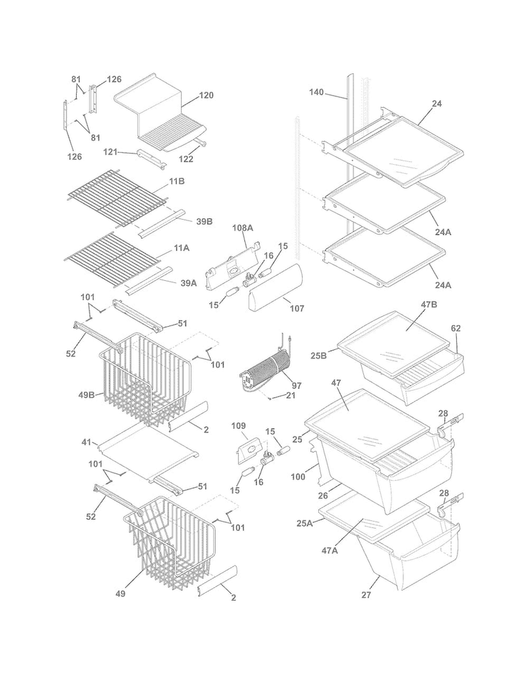 Shelves Diagram and Parts List for FGHC2331PF0  Frigidaire Refrigerator