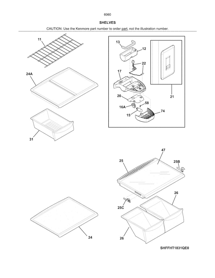 Shelves Diagram and Parts List for 25360609414  Kenmore Refrigerator