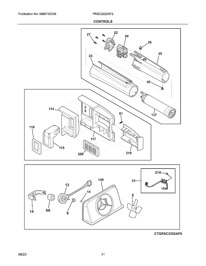 Controls Diagram and Parts List for PRSC2222AF2  Frigidaire Refrigerator