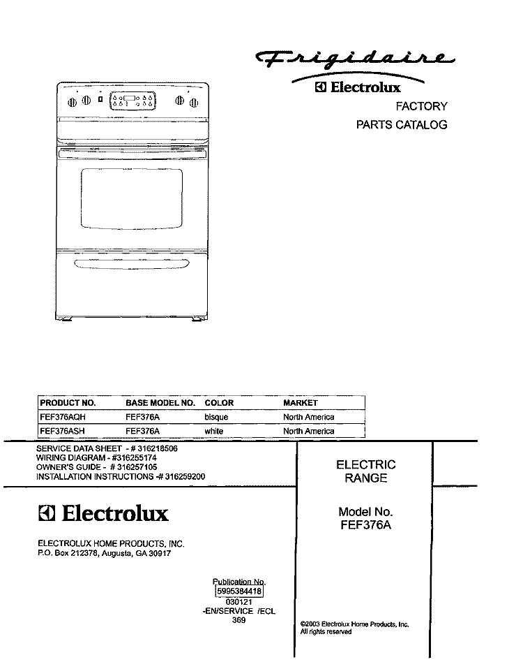 COVER Diagram and Parts List for FEF376AQH  Frigidaire Range