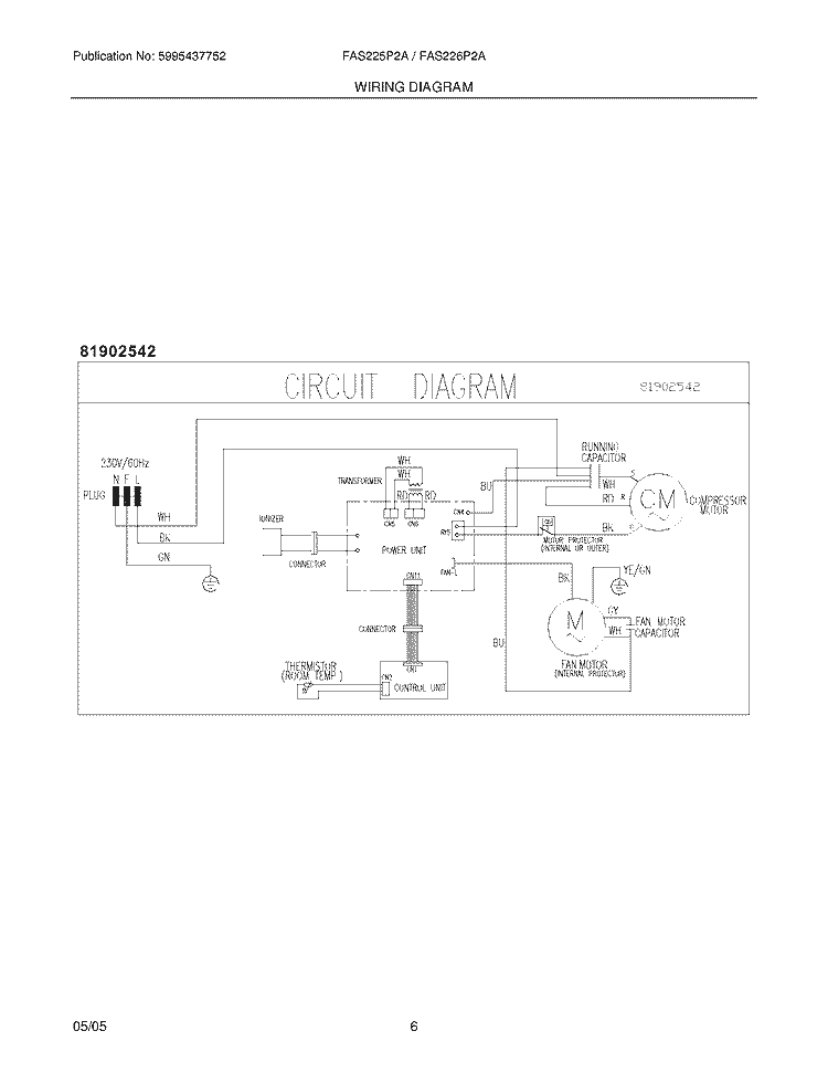 WIRING DIAGRAM Diagram and Parts List for FAS225P2A1  Frigidaire Air Conditioner
