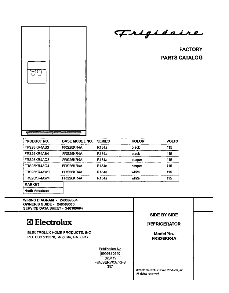 COVER Diagram and Parts List for FRS26KR4AQ4  Frigidaire Refrigerator