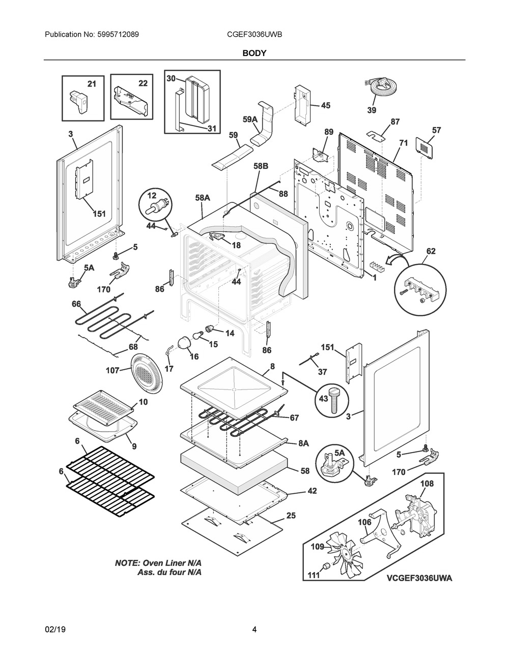 Body Diagram and Parts List for CGEF3036UWB  Frigidaire Range