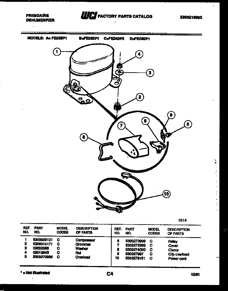 COMPRESSOR PARTS Diagram and Parts List for FED40P2  Frigidaire Dehumidifier