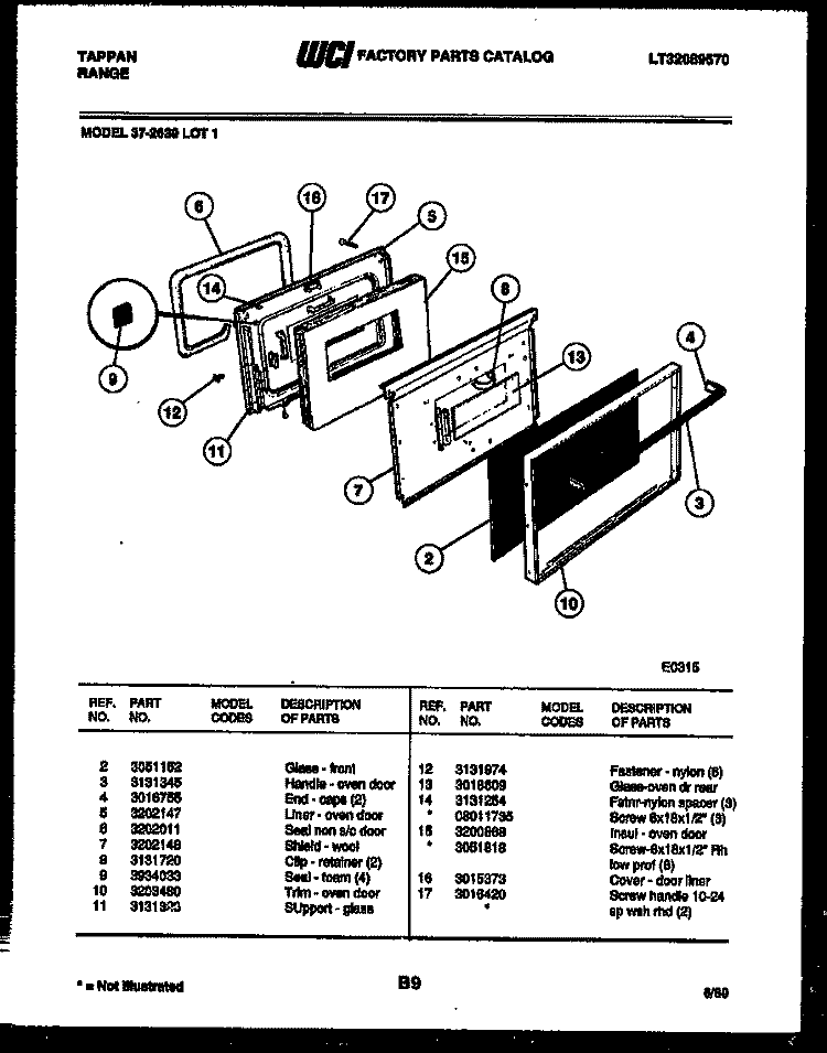 DOOR PARTS Diagram and Parts List for 37-2639-00-01  Tappan Range