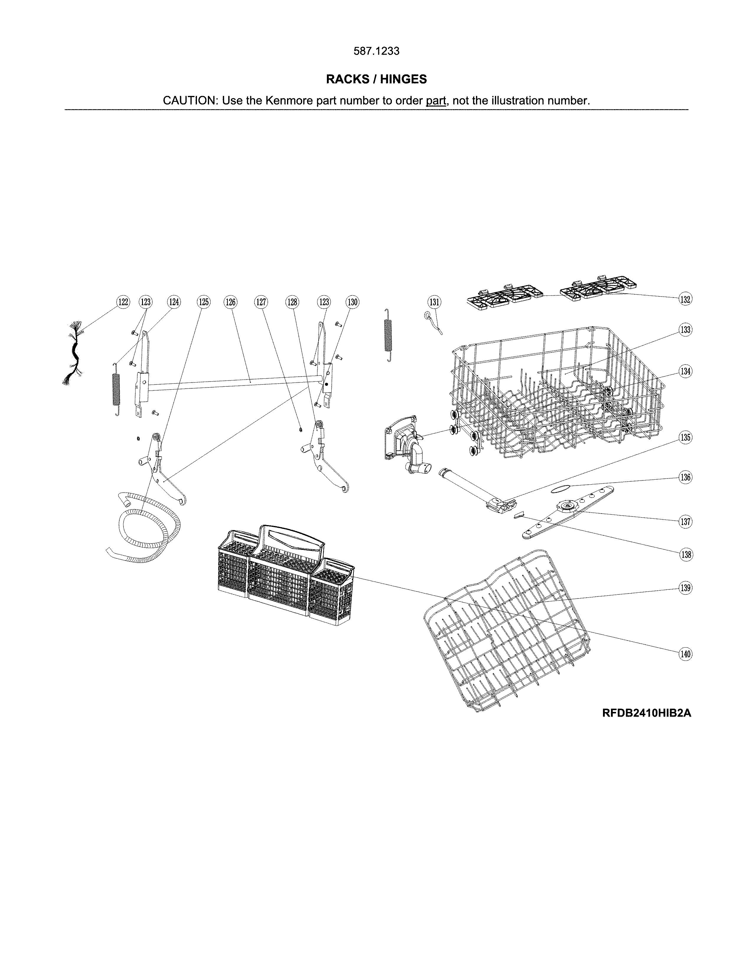 Racks/hinges Diagram and Parts List for 58712339F01B  Kenmore Dishwasher