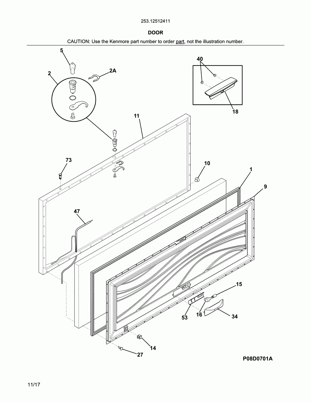 Door Diagram and Parts List for 25312512411  Kenmore Freezer