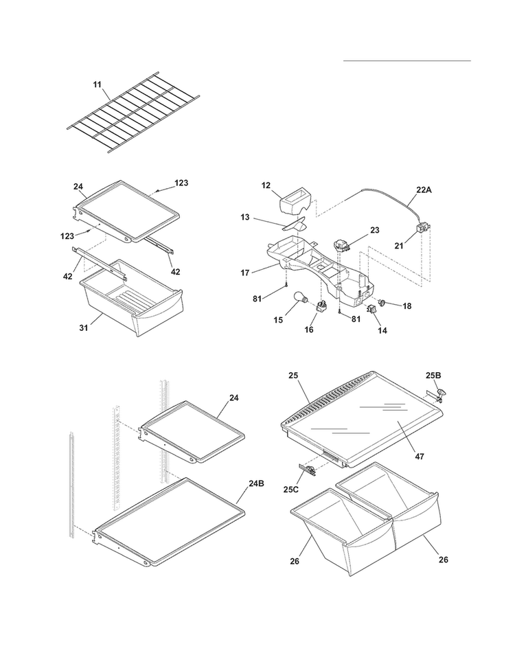 Shelves Diagram and Parts List for FGHT2134KB5  Frigidaire Refrigerator
