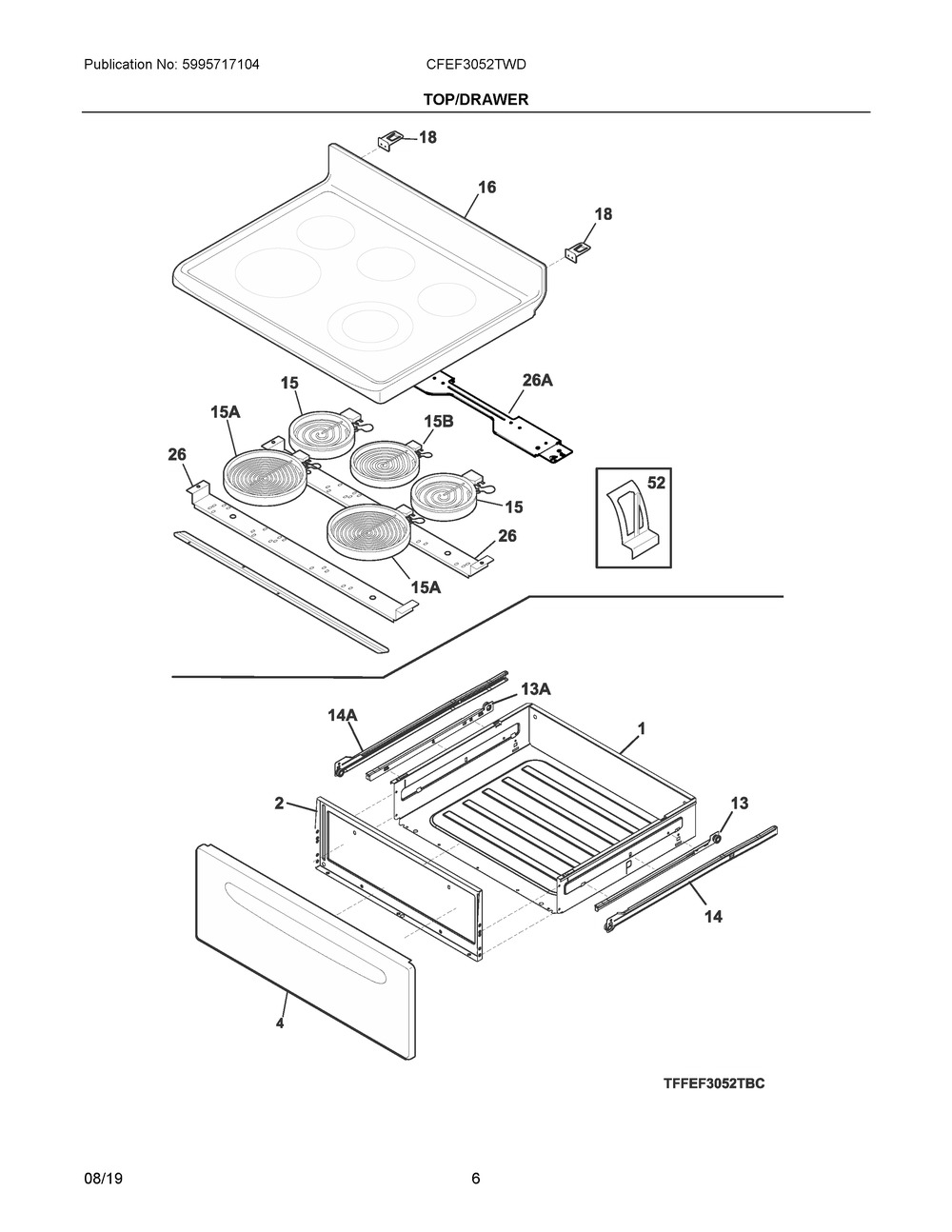 Top/drawer Diagram and Parts List for CFEF3052TWD  Frigidaire Range
