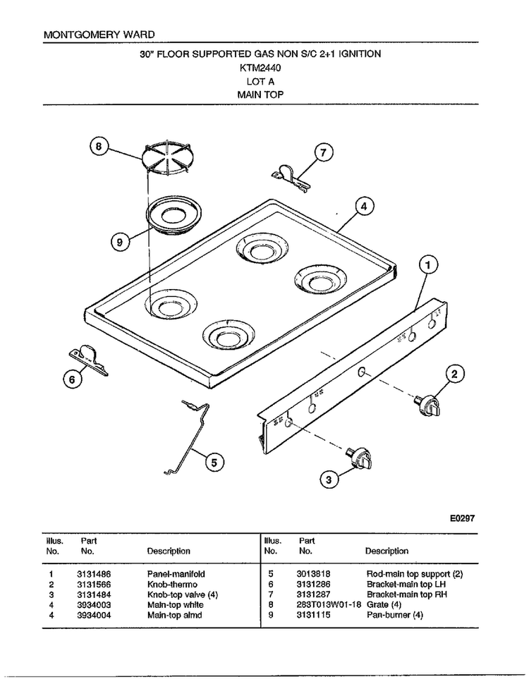 30" Gas Range/main Top Diagram and Parts List for 2440A  Frigidaire Range