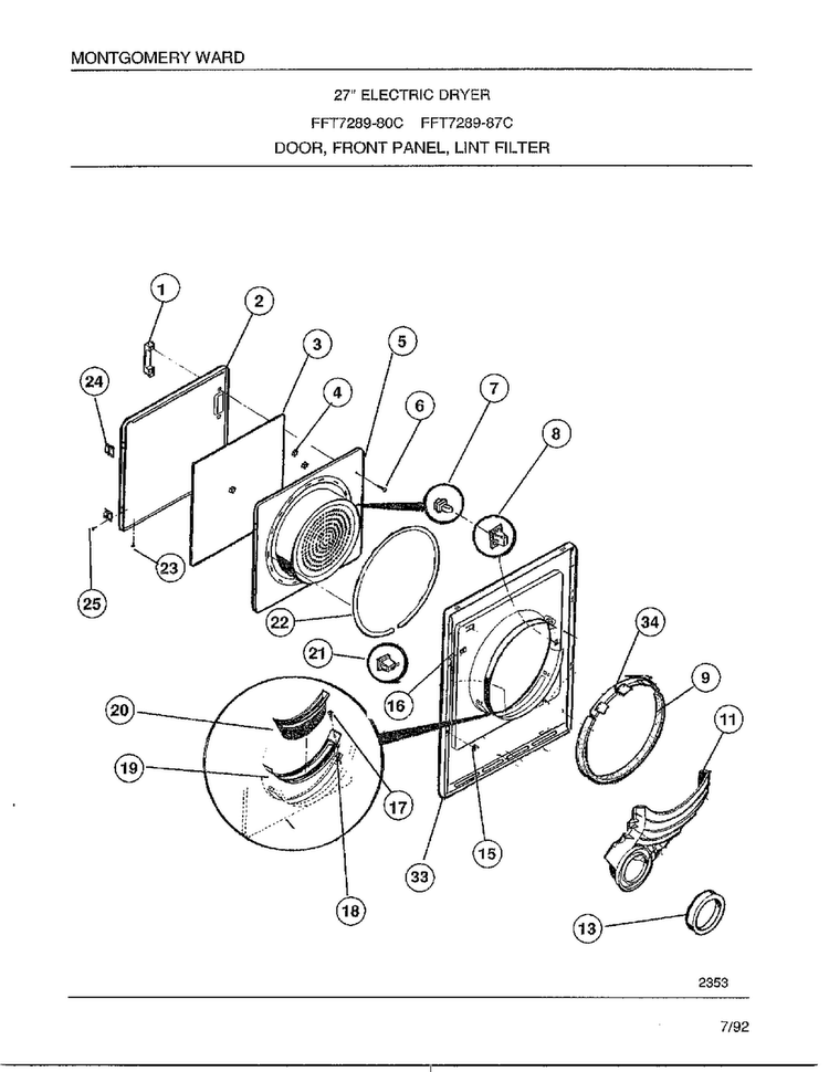 Door, Front Panel, Lint Filter Diagram and Parts List for 7289-87C  Frigidaire Dryer