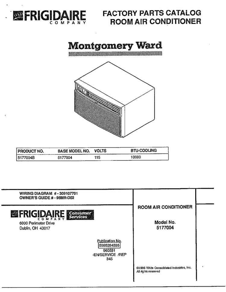 Room Air Conditioner Diagram and Parts List for 5177004B  Frigidaire Air Conditioner