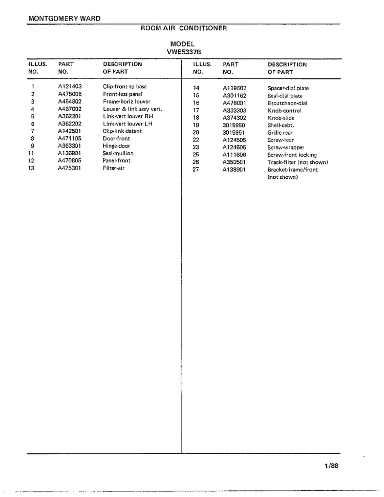 Room Air Conditioner Page 2 Diagram and Parts List for 5337B  Frigidaire Air Conditioner