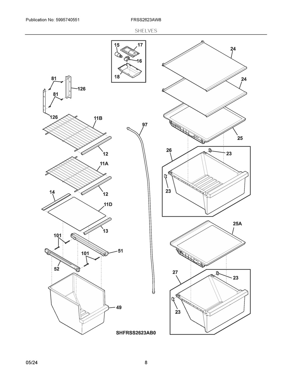 Shelves Diagram and Parts List for FRSS2623AW8  Frigidaire Refrigerator