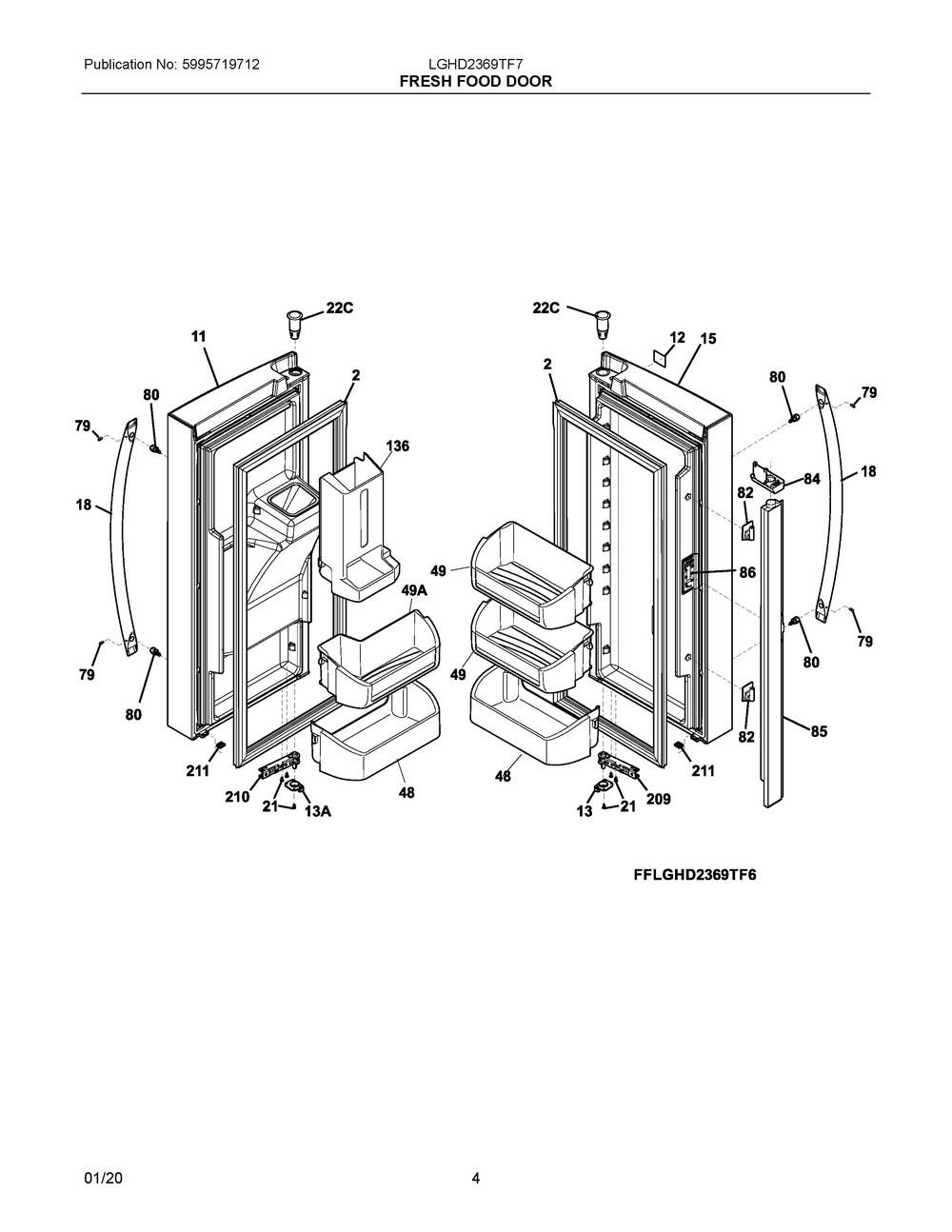 Fresh Food Door Diagram and Parts List for LGHD2369TF7  Frigidaire Refrigerator