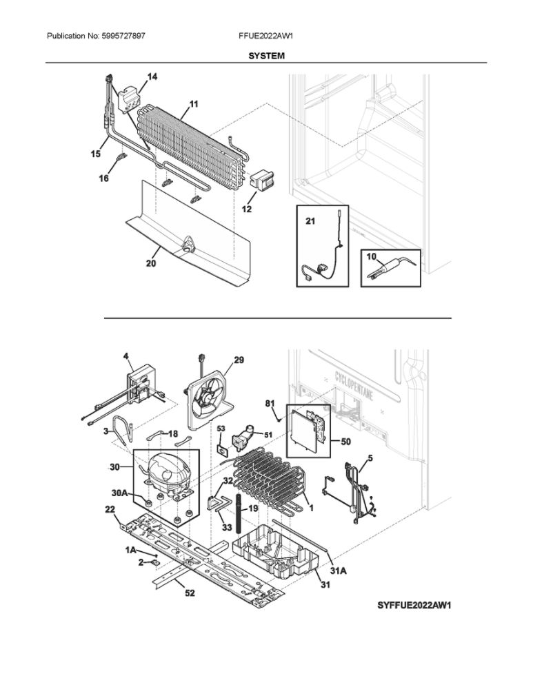 System Diagram and Parts List for FFUE2022AW1  Frigidaire Freezer