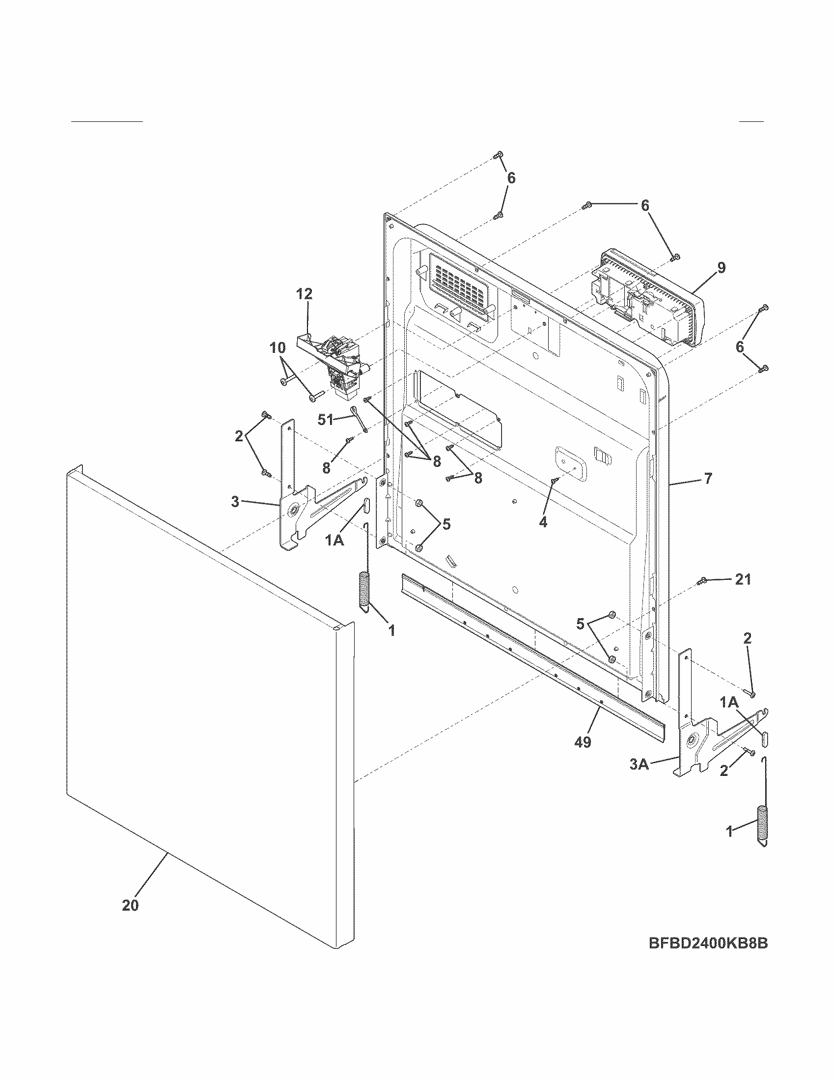 Door Diagram and Parts List for 58714014411B  Kenmore Dishwasher