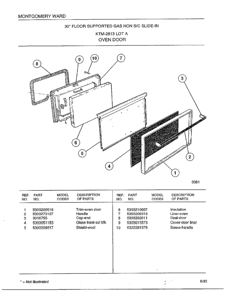 Oven Door Diagram and Parts List for 2813A  Frigidaire Range