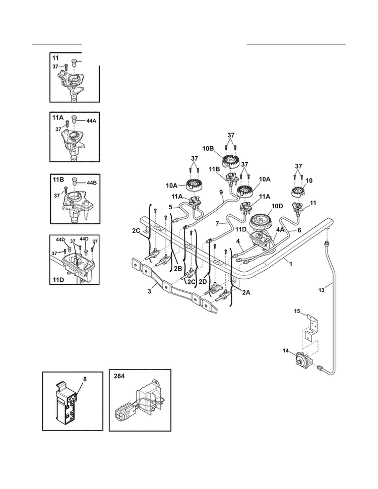 Burner Diagram and Parts List for EW30DF65GSM  Electrolux Range