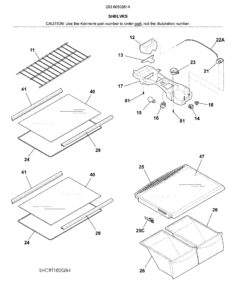 Shelves Diagram and Parts List for 2536050261A  Kenmore Refrigerator