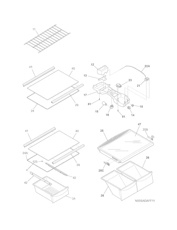 Shelves Diagram and Parts List for FFHT2117PS3  Frigidaire Refrigerator