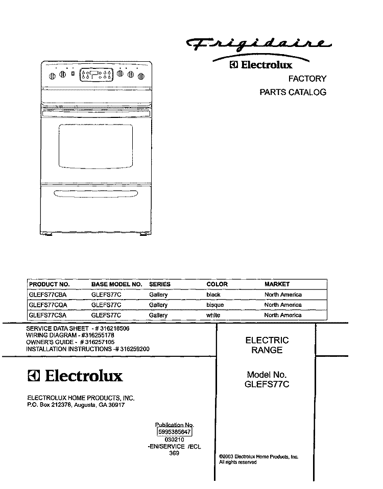 COVER Diagram and Parts List for GLEFS77CQA  Frigidaire Range