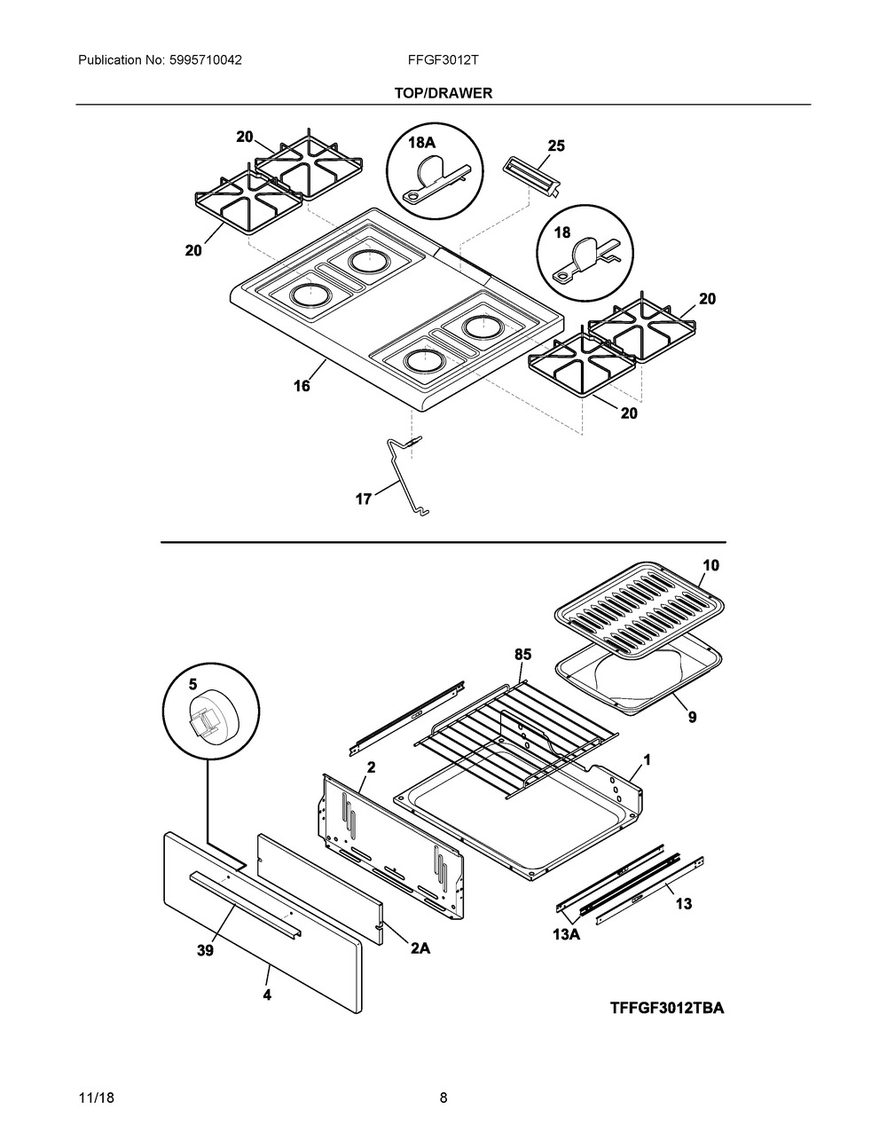 Top/drawer Diagram and Parts List for FFGF3012TWC  Frigidaire Range