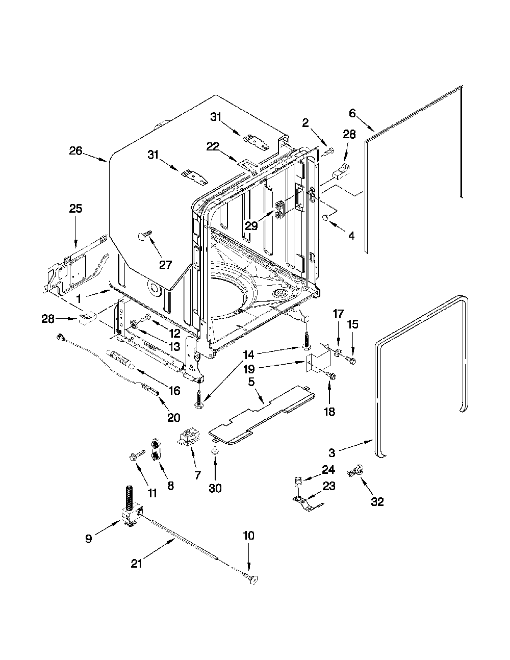 Tub And Frame Diagram and Parts List for 66513963K017  Kenmore Dishwasher