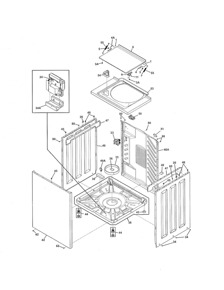 Lower Cabinet/top Diagram and Parts List for FFLE2022MW1  Frigidaire Washer Dryer Combo