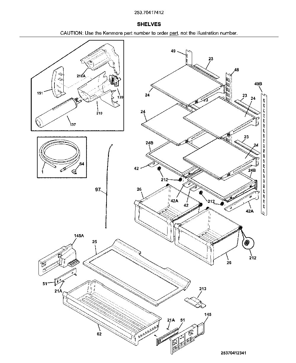 Shelves Diagram and Parts List for 25370417412  Kenmore Refrigerator