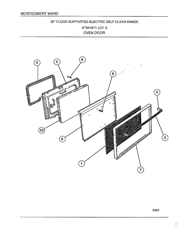 Oven Door Diagram and Parts List for 4871A  Frigidaire Range