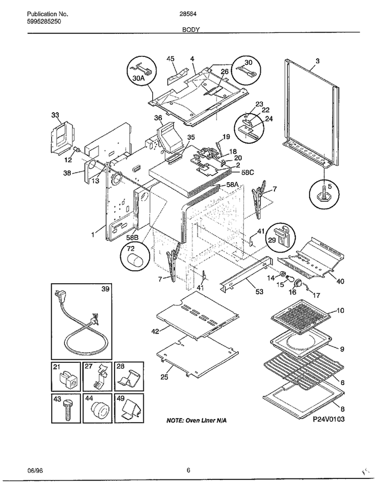 Body Diagram and Parts List for 285847D  Frigidaire Range