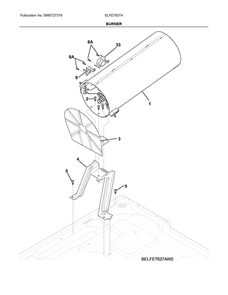 Burner Diagram and Parts List for ELFE7637AT0  Frigidaire Dryer