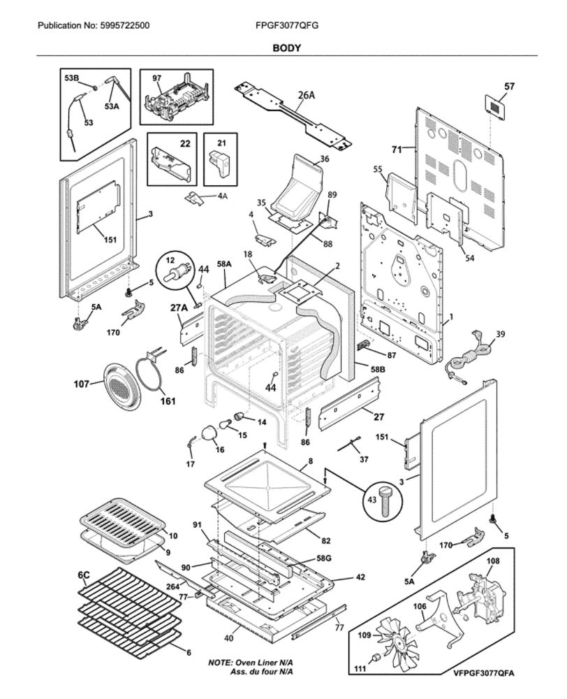 Body Diagram and Parts List for FPGF3077QFG  Frigidaire Range