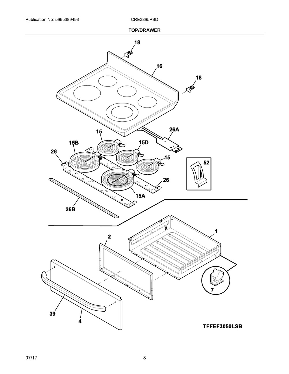 Top/drawer Diagram and Parts List for CRE3895PSD  Frigidaire Range