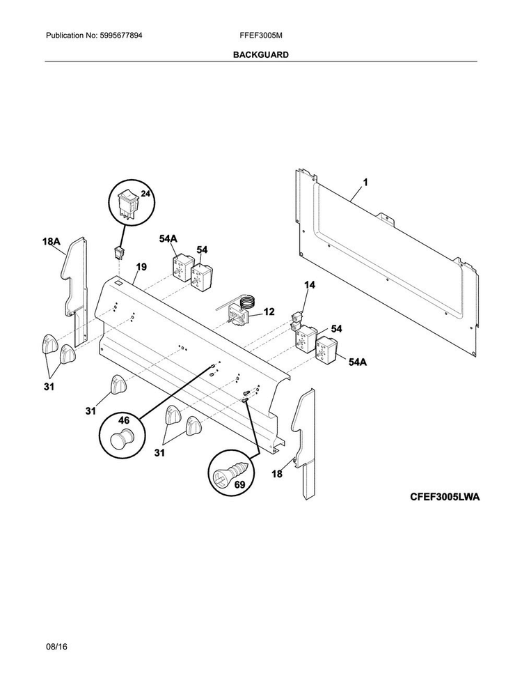 Backguard Diagram and Parts List for FFEF3005MQF  Frigidaire Range