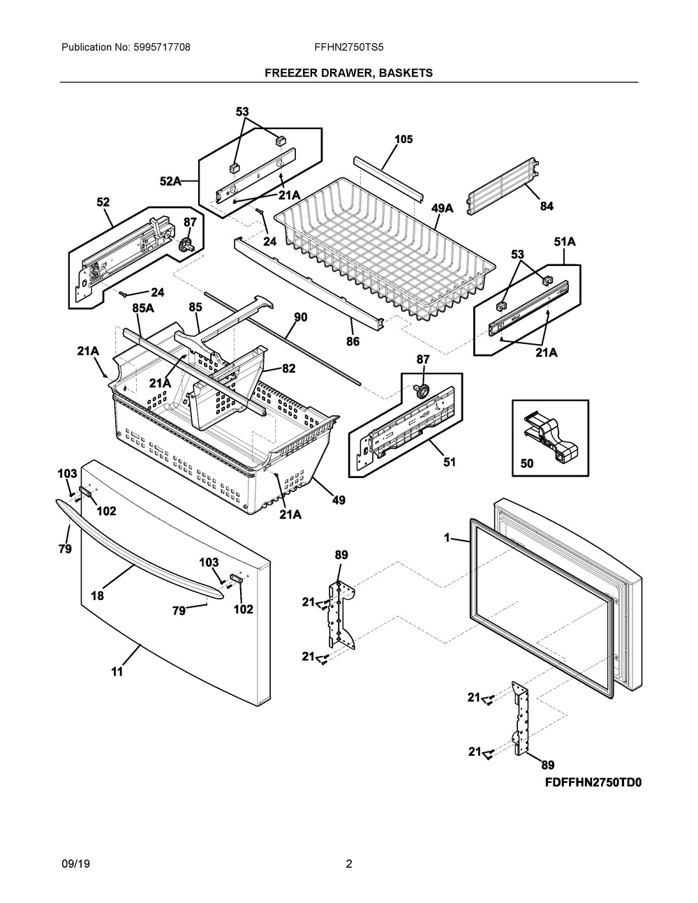 Freezer Drawer, Baskets Diagram and Parts List for FFHN2750TS5  Frigidaire Refrigerator