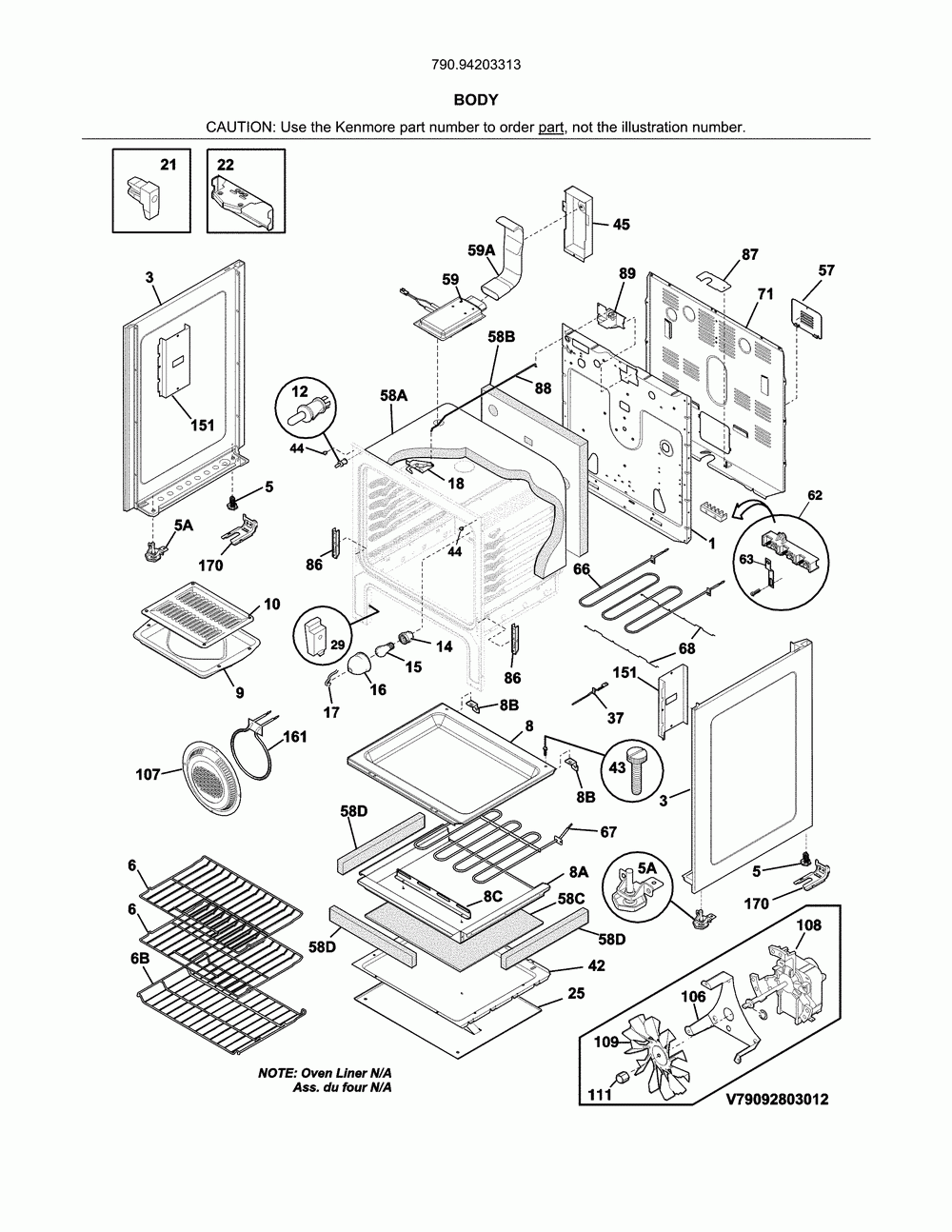 Body Diagram and Parts List for 79094203313  Kenmore Range