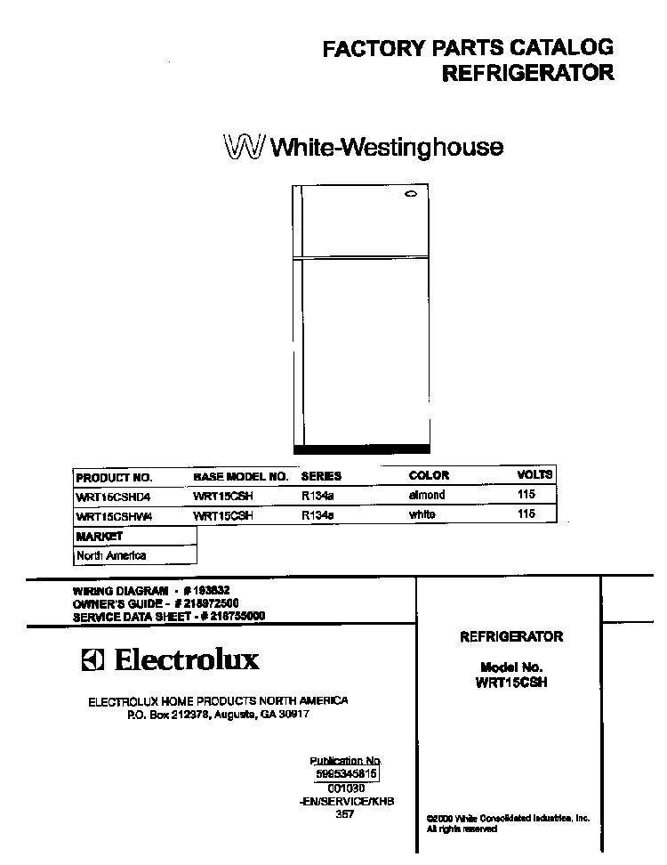 Cover Diagram and Parts List for WRT15CSHD4  Westinghouse Refrigerator
