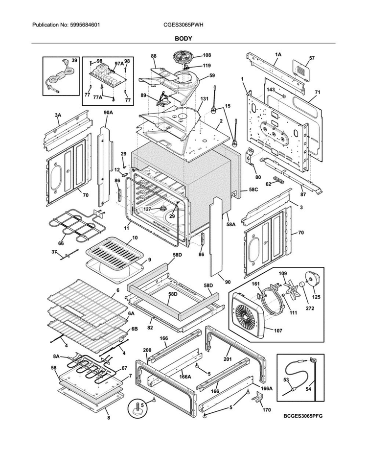 Body Diagram and Parts List for CGES3065PWH  Frigidaire Range