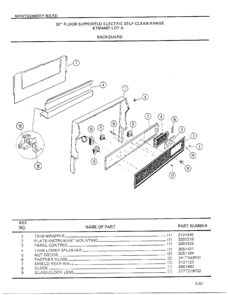 Backguard Diagram and Parts List for 4467A  Frigidaire Range