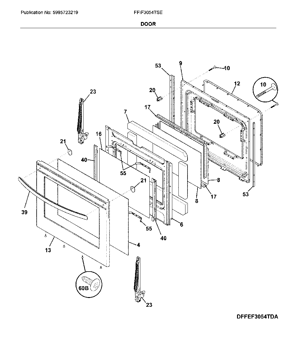 Door Diagram and Parts List for FFIF3054TSE  Frigidaire Range