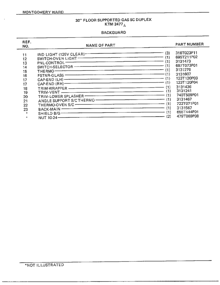 30" Floor/backguard Page 2 Diagram and Parts List for 2477A  Frigidaire Range