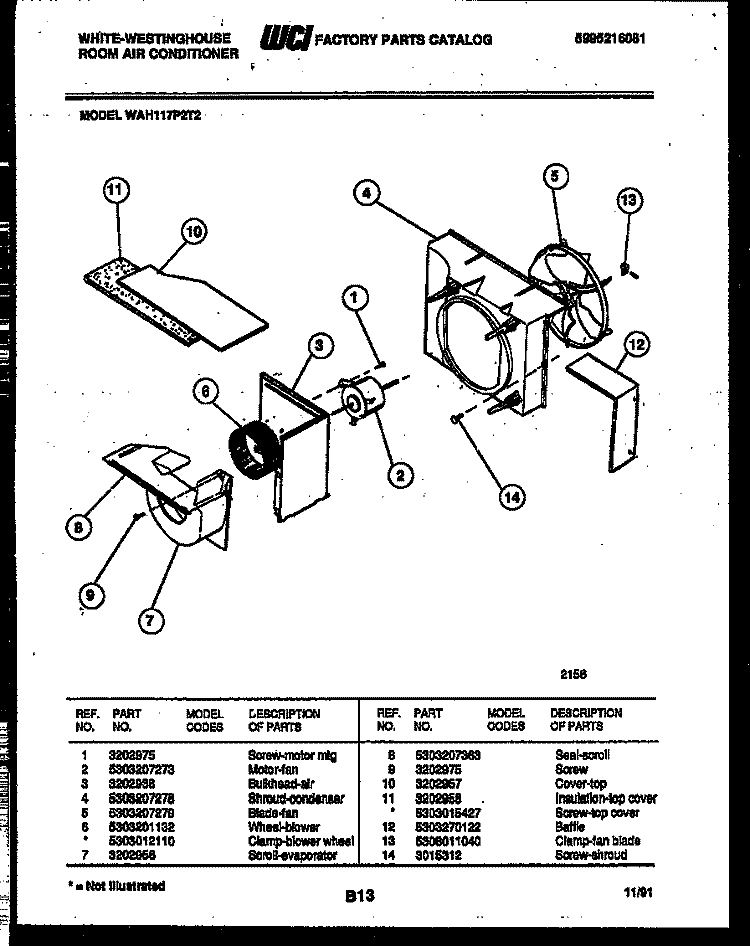 AIR HANDLING PARTS Diagram and Parts List for WAH117P2T2  Frigidaire Air Conditioner