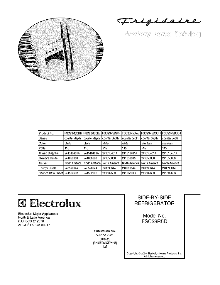 COVER Diagram and Parts List for FSC23R5DWJ  Frigidaire Refrigerator