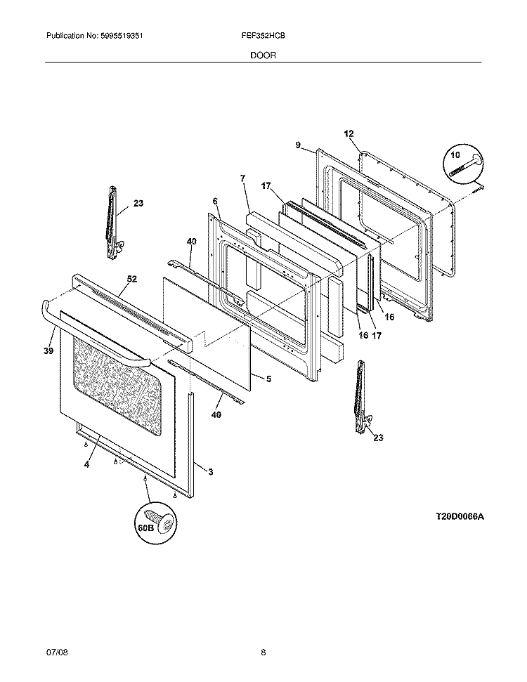 DOOR Diagram and Parts List for FEF352HCB  Frigidaire Range