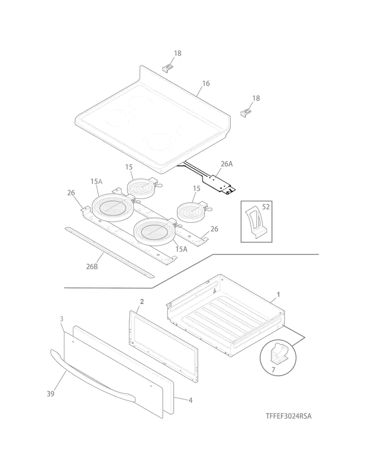 Top/drawer Diagram and Parts List for FFEF3024RSA  Frigidaire Range
