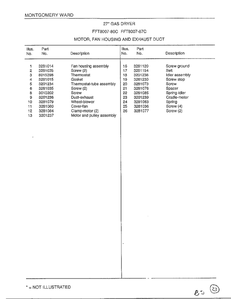 Motor/fan Housing/exhaust Duct Page 2 Diagram and Parts List for 8007-80C  Frigidaire Dryer