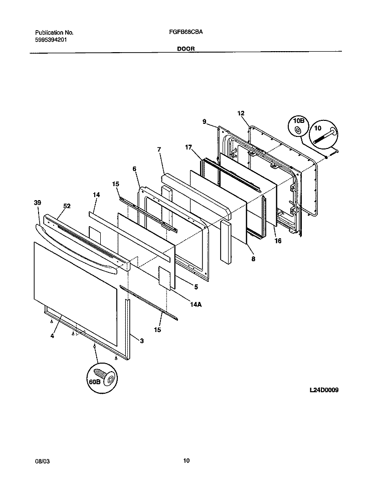 DOOR Diagram and Parts List for FGFB68CBA  Frigidaire Range